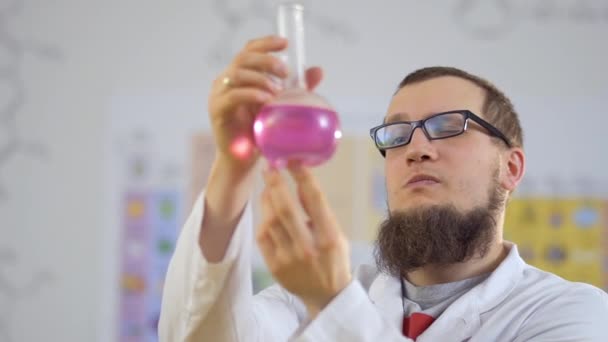 Vousatý laboratorní asistent výzkumy růžová kapalina v baňce — Stock video