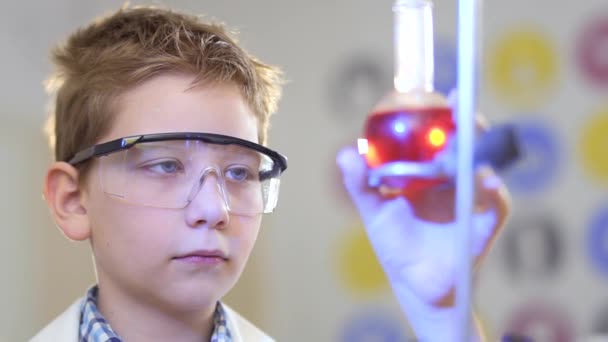 Söt liten forskare utforskar röd vätska i laboratorium — Stockvideo