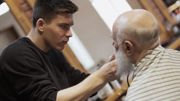 Styliste coupe barbe de l'homme âgé avec rasoir électrique — Video