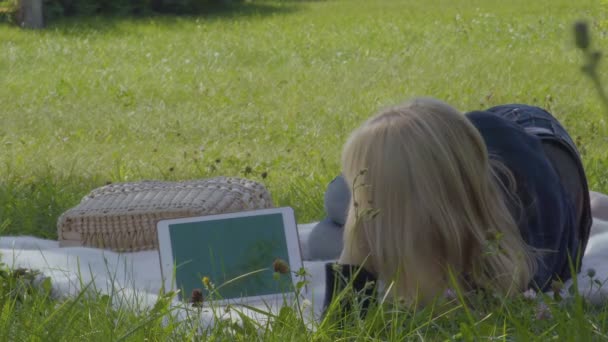 デジタル タブレットの公園と使用の毛布でリラックス若い白人女性 — ストック動画