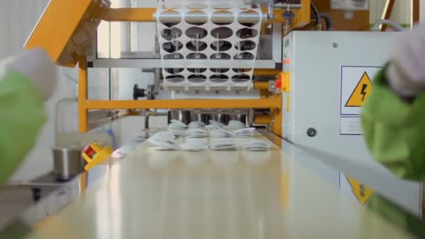 Twee werknemers verpakking theezakjes in theefabriek — Stockvideo