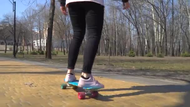 Молодая девушка скейтбординг в парке — стоковое видео