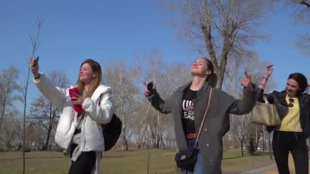 Los adolescentes caminan en el parque y cantan al ritmo de la música — Vídeos de Stock