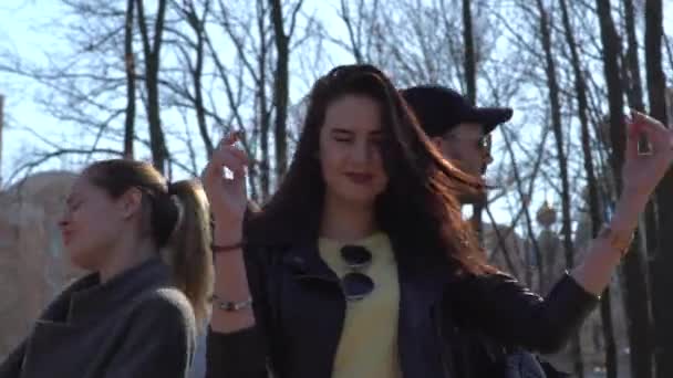 Groep vrienden zingen en bewegen op het ritme van de muziek in het park — Stockvideo