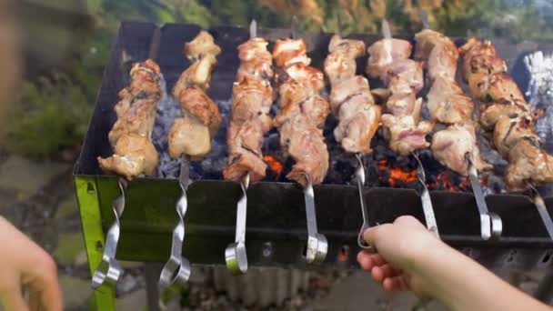 Two boys makes barbecue on chargrill — Stock Video