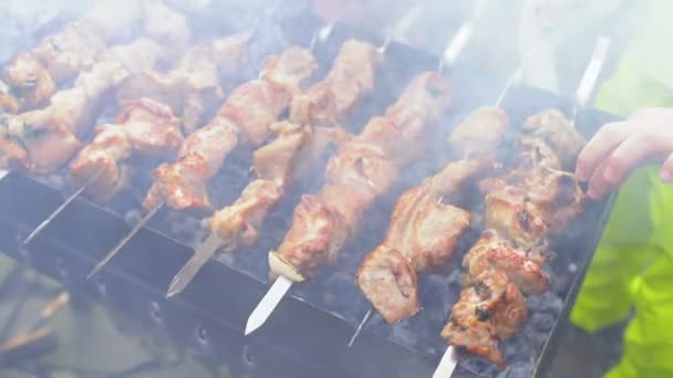 Fiú ellenőrzi hús készen áll a barbecue — Stock videók