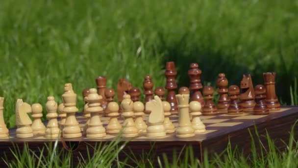 Menino colocar a última peça no tabuleiro de xadrez e se preparando para o jogo — Vídeo de Stock