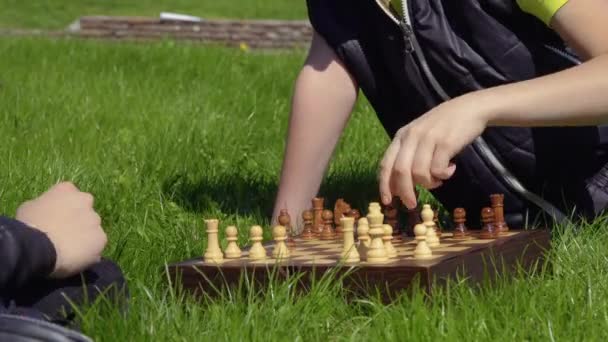 Children play chess on grass — Stock Video