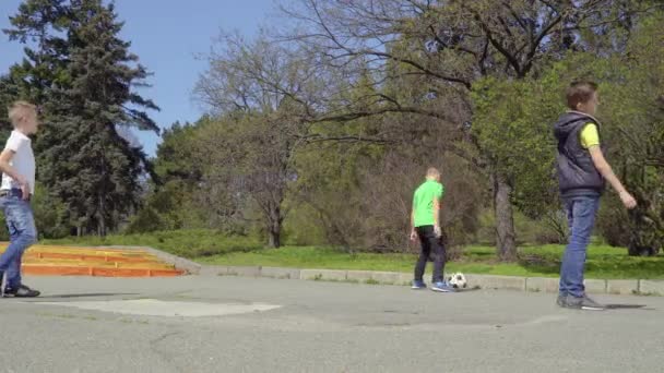 Los niños juegan fútbol en el parque — Vídeos de Stock