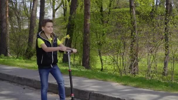 Rozkošný chlapec s narcis na koloběžka v parku — Stock video