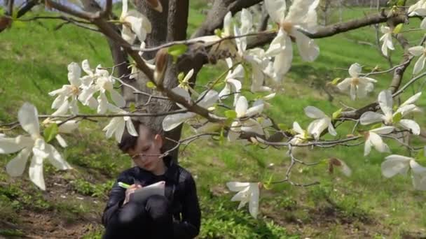 Cute boy in leather jacket writes poem sitting under the tree in park — Stock Video