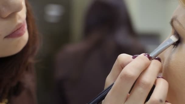 Visagiste trägt Lidschatten auf Augen reifer Frau auf — Stockvideo