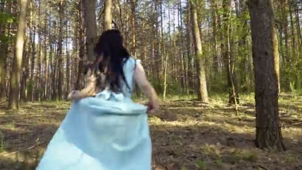 Eleganz Mädchen im blauen Kleid spaziert im Wald, Schneewittchen Märchen — Stockvideo