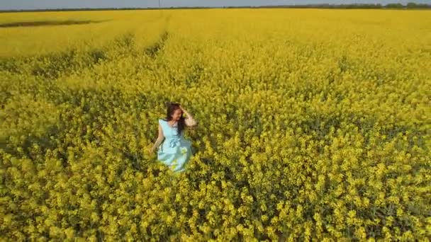 Hermosa morena con vestido azul de pie entre flores amarillas en el campo — Vídeo de stock