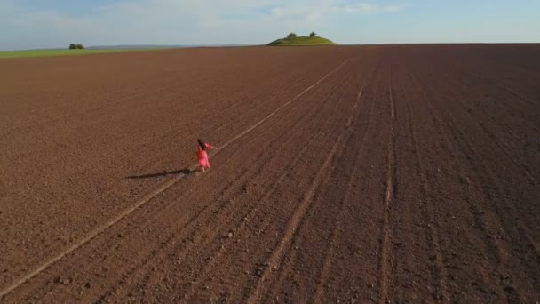 Беззаботная женщина в длинном красном платье ходить по вспаханному полю, воздушная съемка — стоковое видео