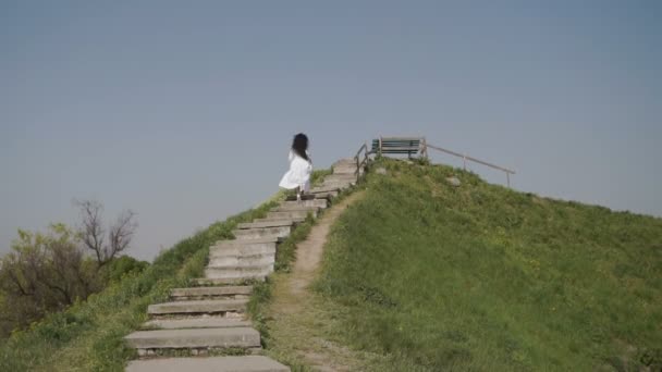 Elegantie vrouw beweegt de trap op groene hiil — Stockvideo
