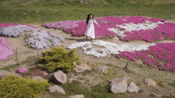 Великолепная брюнетка в белом платье ходит среди розовых клумб — стоковое видео