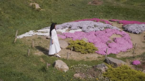 長い白いドレスを着た美しい女性が歩く植物園 — ストック動画