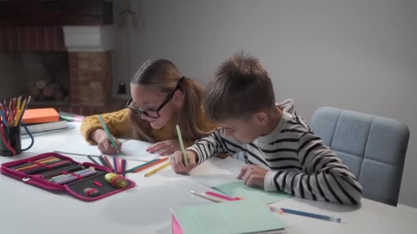 Två vita barn gör läxor tillsammans. Intelligent bror och syster skriver i övningsböcker. Pojke i randig jacka och flicka i glasögon sitter vid bordet hemma och gör uppgifter. — Stockvideo