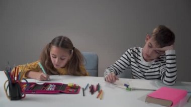 Masaya kalem atan bir çocuğun portresi. Onun çalışkan kız kardeşi ona şaşırtıcı bir şekilde bakıyor ve alıştırma kitabında yazmaya devam ediyor. Eğitime farklı tutum, kötü ve iyi davranış.
