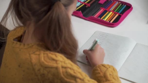 Portrait of cute Caucasian schoolgirl with ponytails studying math. Pretty child solving math problem in the exercise book. Focused on the notebook. Shooting over the shoulder. — Stock Video