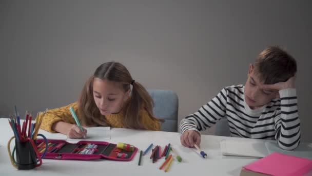 Bored garçon caucasien assis à côté de son camarade de classe diligent. Jolie fille avec des queues de cheval écrit dans le cahier d'exercices que son ami jouer avec des stylos. Attitude différente à l'égard de l'éducation, comportement . — Video