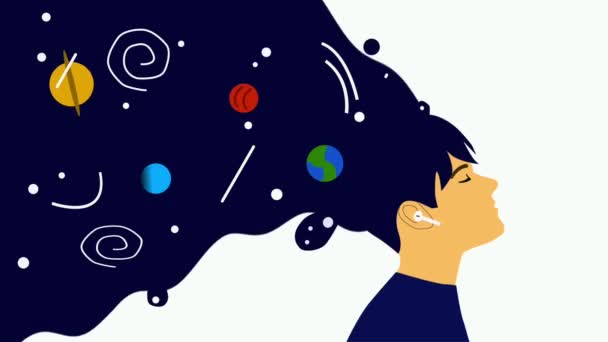 Animation, girl in headphones listening to music with cosmos instead of hair. Concept of cosmos inside human, universe inside brain, limitless imagination. Music opening new horizons, inspiring ideas. — Stock Video