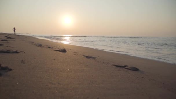 Portrét neznámé ženy, která se zdržuje na písečné pláži. Vlny Středozemního moře se valí na písek při západu slunce nebo při východu slunce. Krásná turecká příroda. — Stock video