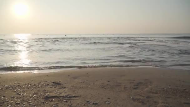 Timelapse av kristallklara medelhavsvågor kraschar på sandstranden. Närbild skott av lugnande skummande vatten i solsken. Vacker turkisk natur. — Stockvideo