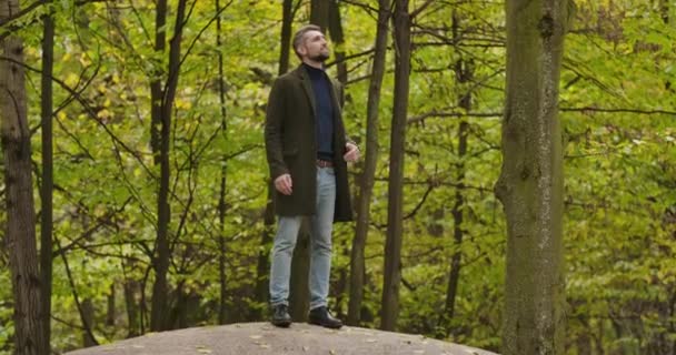 Hombre caucásico sonriente con el pelo gris de pie entre los árboles en el bosque de otoño y mirando a un lado. Guapo turista pasar vacaciones al aire libre. Cinema 4k metraje ProRes HQ . — Vídeos de Stock