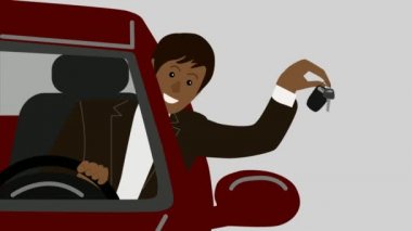 Mutlu Afro-Amerikan takım elbiseli bir adamın araba camından dışarı bakıp anahtarlarını göstermesinin animasyonu. Başarılı bir iş adamı yeni bir araba almakla övünüyor. Araba işi..