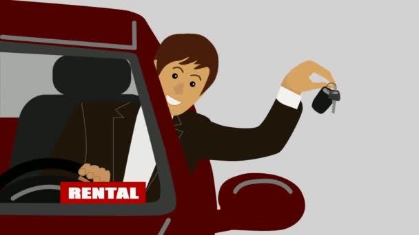 2D animation of smiling Caucasian man in business suit looking out of car window and showing keys. Rental sign is on windshield. Car business. — Stock Video