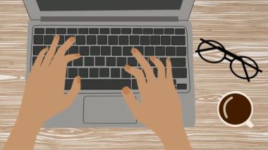 Beyaz kadın ellerinin klavyede daktilo kullanışının en üst görüntüsü. Gözlük ve kahve fincanı masanın üstünde. Dizüstü bilgisayar kullanan bir iş kadını. Çizgi film, yakın çekim, 2D animasyon.