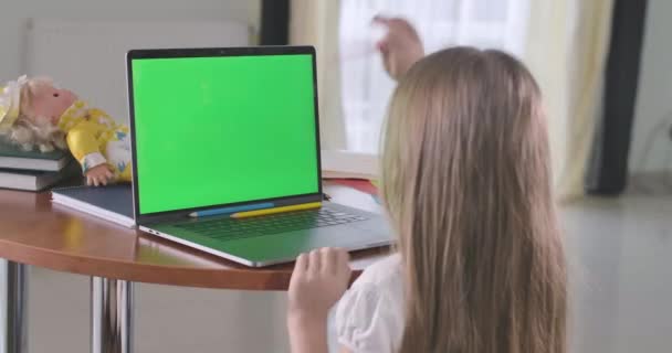 白种人女孩用绿色屏幕看笔记本电脑的背景图。 学童在网上学习，或使用社交媒体，或看电影或卡通片。 电子学习、互联网、教育。 电影4k Prores Hq. — 图库视频影像
