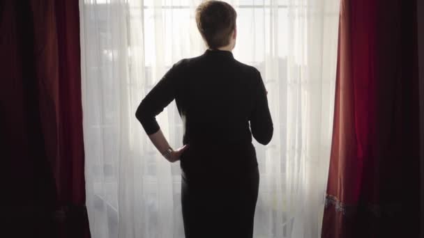 Vista posteriore di elegante signora caucasica con i capelli corti bruna bere vino come in piedi a una grande finestra la sera. Fiduciosa donna d'affari che riposa dopo una dura giornata di lavoro . — Video Stock