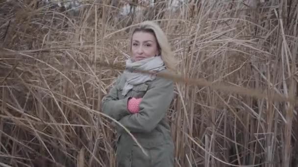 Cámara acercándose joven mujer caucásica molesto a través de arbustos de otoño. Hermosa rubia de ojos marrones chica mirando a la cámara . — Vídeo de stock