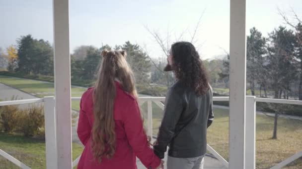 Achteraanzicht close-up van een jong hippiekoppel dat in een paviljoen staat te praten. Positieve blonde vrouw en grappige man met lang krullend haar hand in hand en lachen. Multiraciale mensen die buiten daten. — Stockvideo