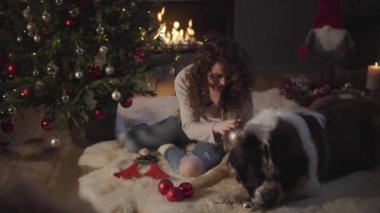 Beyaz elbiseli güzel bir kız büyük köpekle evde şöminede oturuyor ve Noel ağacını süslüyor. Neşeli kadın oyuncakları seçiyor ve köknar ağacına asıyor. İnsan ve hayvan dostluğu.
