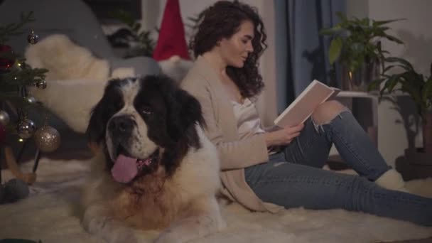 Sidovy över vackra kaukasiska flicka lutar sig mot stora hundar tillbaka och läsa bok. Brunett kvinna med långt lockigt hår vilar med husdjur på nyårsafton. Mysighet, komfort, lugn och ro. — Stockvideo