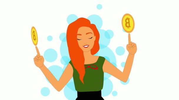 Animación 2D, mujer pelirroja caucásica sonriente de pie con las manos en alto, sosteniendo signos de Bitcoin en los dedos. Comercio, en línea, Internet, éxito, ingresos, dinero, riqueza . — Vídeo de stock