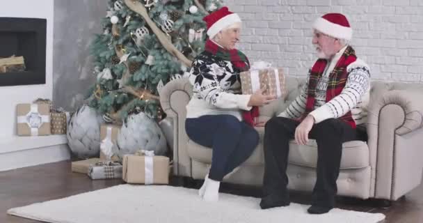 Medium long shot, smiling old Caucasian woman presenting gift box to her lovely husband. Positive mature couple in Christmas hats celebrating New Years eve in cozy home. Cinema 4k ProRes HQ. — Stock Video