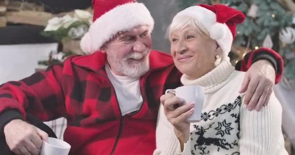 Närbild av positiva gamla kaukasiska par dricka kaffe och prata i bakgrunden av julgran. Glad man och kvinna vilar tillsammans på nyårsafton hemma. Cinema 4k Prores Hq. — Stockvideo