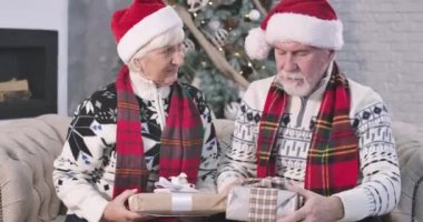 Yaşlı beyaz bir çiftin Noel hediyeleriyle koltukta oturup düşündükleri portre. Pozitif kadın ve kırmızı şapkalı adam ellerinde hediyelerle. Yeni yıl arifesi, tatiller. Sinema 4k Prores Merkezi.