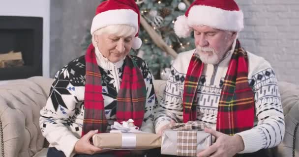 Senior Caucasian man and positive woman sitting on sofa and holding Christmas presents. Husband looking at his adorable wife, hugging and kissing her on cheek. New Years eve. Cinema 4k ProRes HQ. — Stock Video