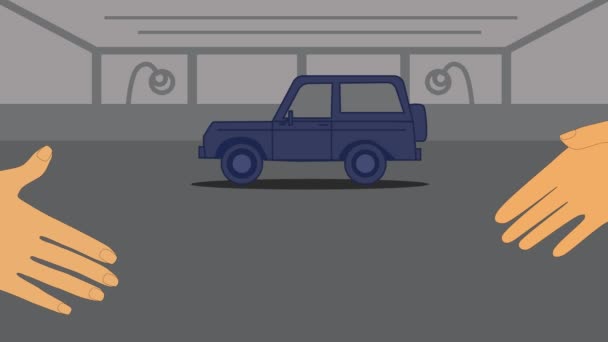 2d-Animation, blaues Auto einfahrend, zwei kaukasische Hände zitternd im Vordergrund, ein Schild erscheint. Sale and Purchase Deal, Autohaus, Handel, Einkauf, Verkauf, Automobilgeschäft, Deutsch. — Stockvideo
