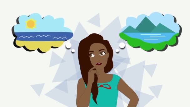 2d animace, Afroameričanka stojící s myšlenkovými mraky na obou stranách. Dívka sní o dovolené na moři nebo v horách. — Stock video