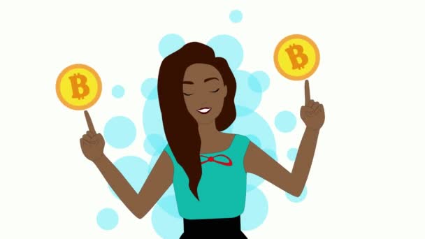 2D animation, African American girl standing with hands up, holding Dollar signs on fingers. Trading, online, Internet, success, income, money, wealth. — Stock Video