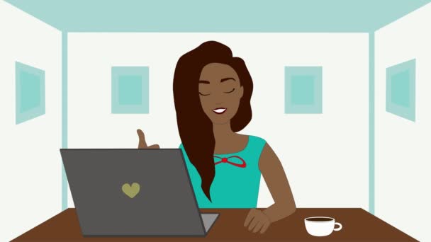 2d动画，非洲裔美国女孩坐在桌旁，拿着笔记本电脑和咖啡杯，大显身手。 成功、工作、职业、工作、职务. — 图库视频影像
