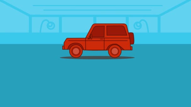 2d animatie, blauwe auto rijdt binnen, twee blanke handen schudden op de voorgrond, Franse Verhuur teken verschijnt. Verkoop en inkoop, autohandel, handel, inkoop, verkoop, autohandel. — Stockvideo