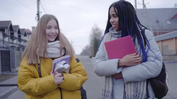 Lächelnde Teenie-Freundinnen, die die Straße entlang laufen und reden. Afrikanische amerikanische und kaukasische Mädchen, die draußen spazieren gehen. Freundschaft, Glück, Kommunikation. — Stockvideo